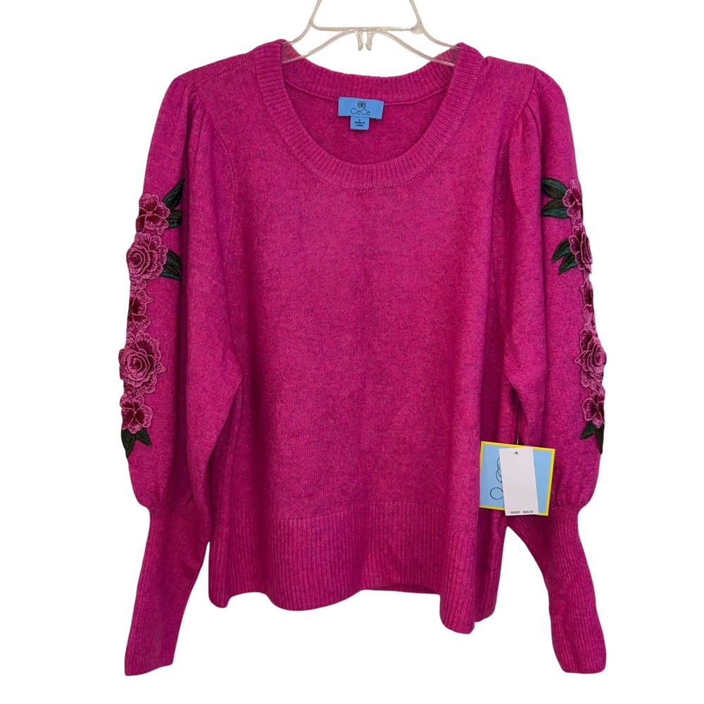 CeCe Women's Fuschia Pink Floral Embroidered Puff Sleeve Sweater‎ L Feminine NWT